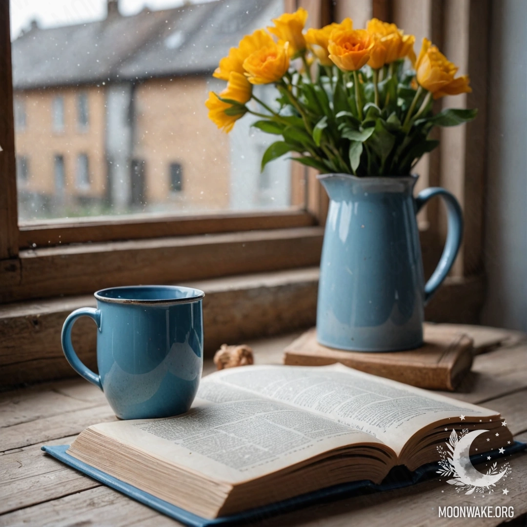 Blue Book and Mug with Flowers on Windowsill A blue book rests on a wooden windowsill, topped with a blue metal mug filled with flowers adorned with garland lights.