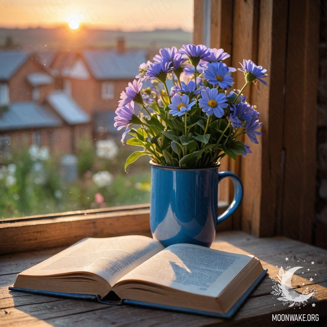A blue book lying on a wooden windowsill with a blue mug containing flowers against a sunset sky.