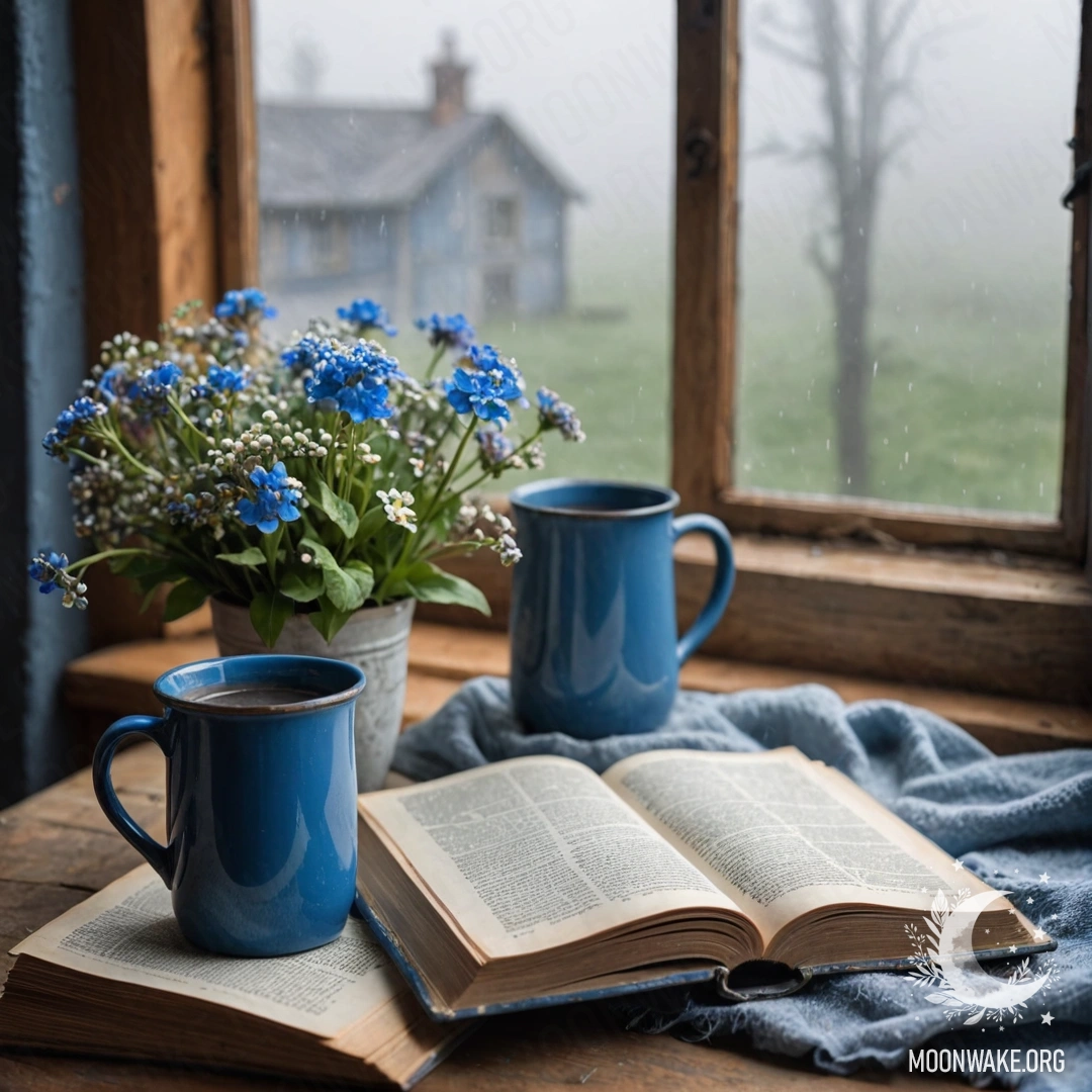 A shabby blue book rests on a wooden windowsill with a blue mug filled with flowers atop it, surrounded by dense mist.