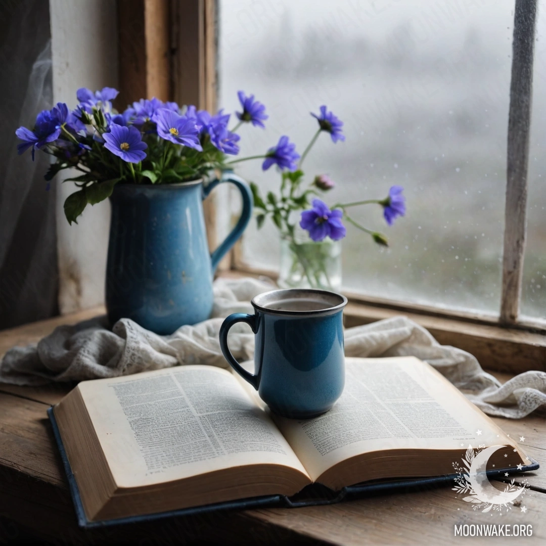 An old shabby blue book lies on a wooden windowsill with a blue metal mug holding flowers, surrounded by dense mist.