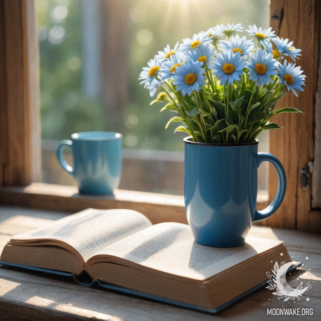 A blue book lying on a wooden windowsill with a blue mug and flowers inside.