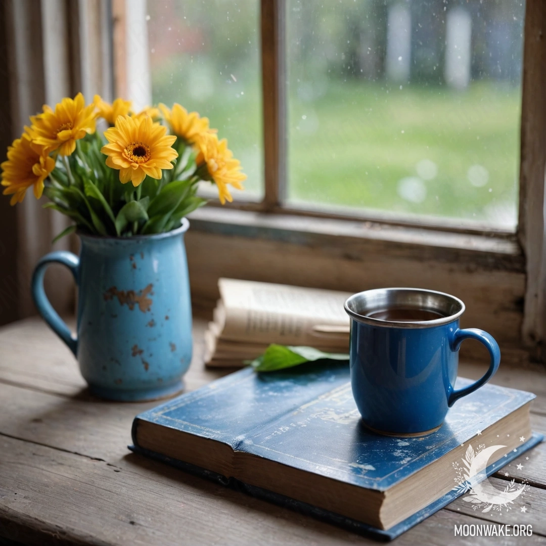 A shabby blue book on a wooden windowsill with a blue mug of flowers.