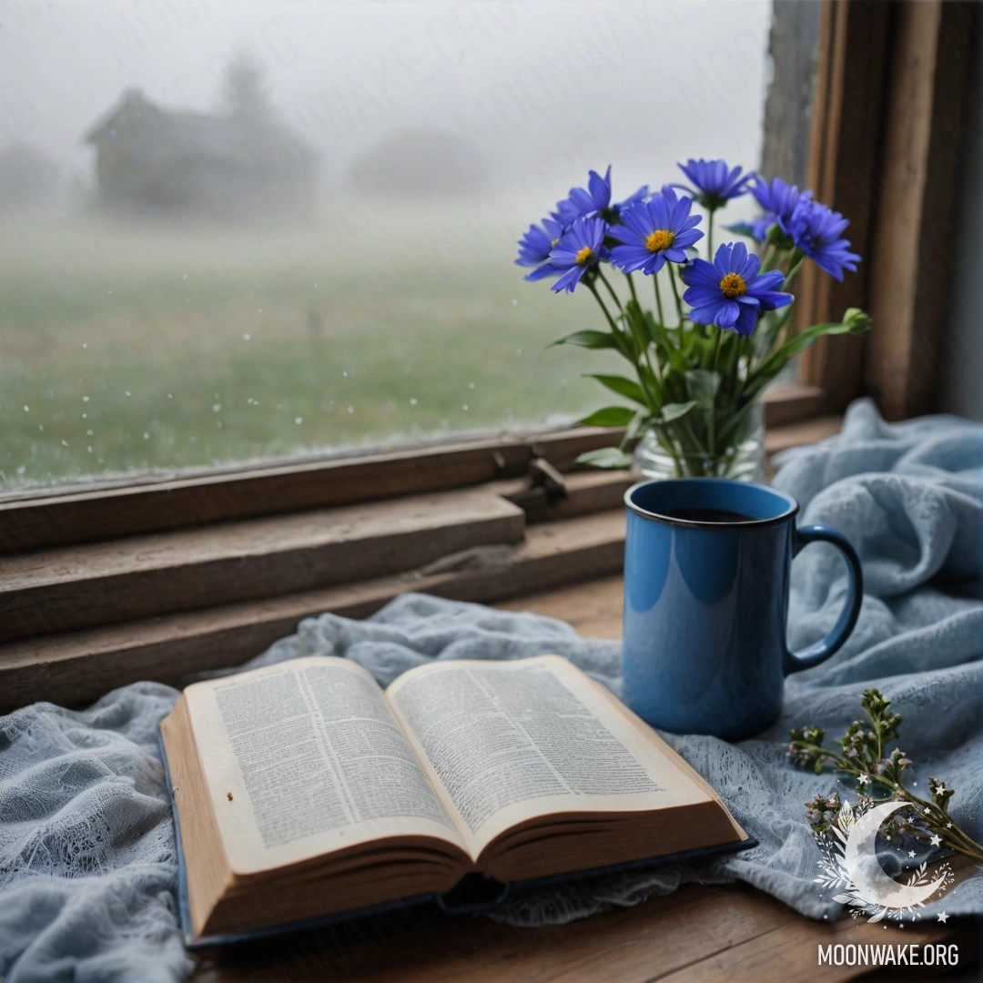 A blue book lying on a wooden windowsill with a metal mug and flowers inside the mug, surrounded by dense mist.