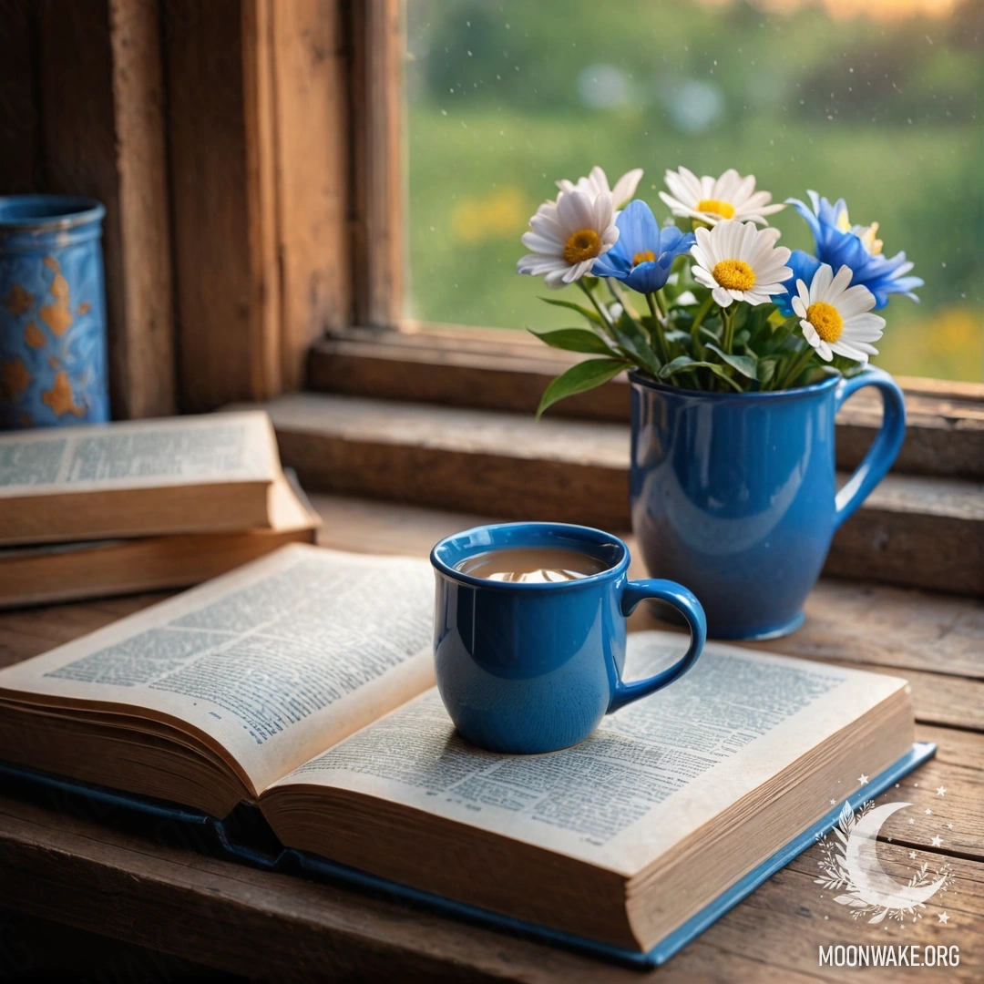 A shabby blue book lying on a wooden windowsill with a blue mug filled with flowers at sunset.