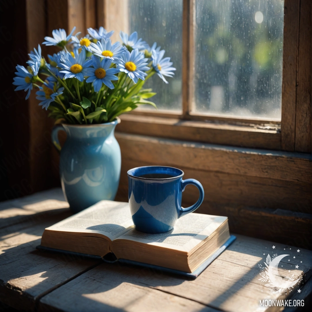 An old blue book resting on a wooden windowsill, topped with a blue mug filled with flowers.