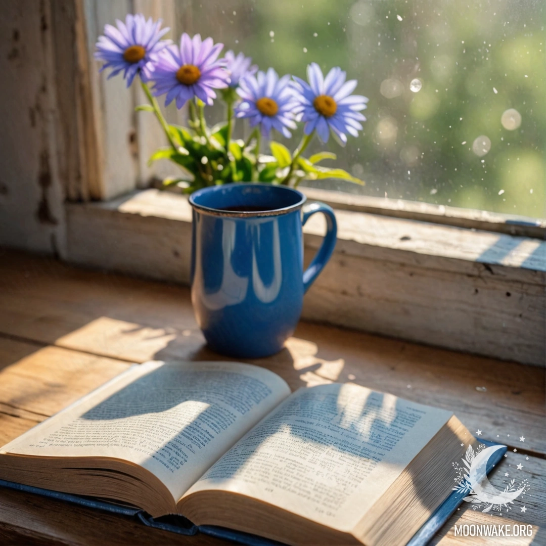 A blue book lies on a wooden windowsill, with a blue metal mug containing flowers, illuminated by sun rays.