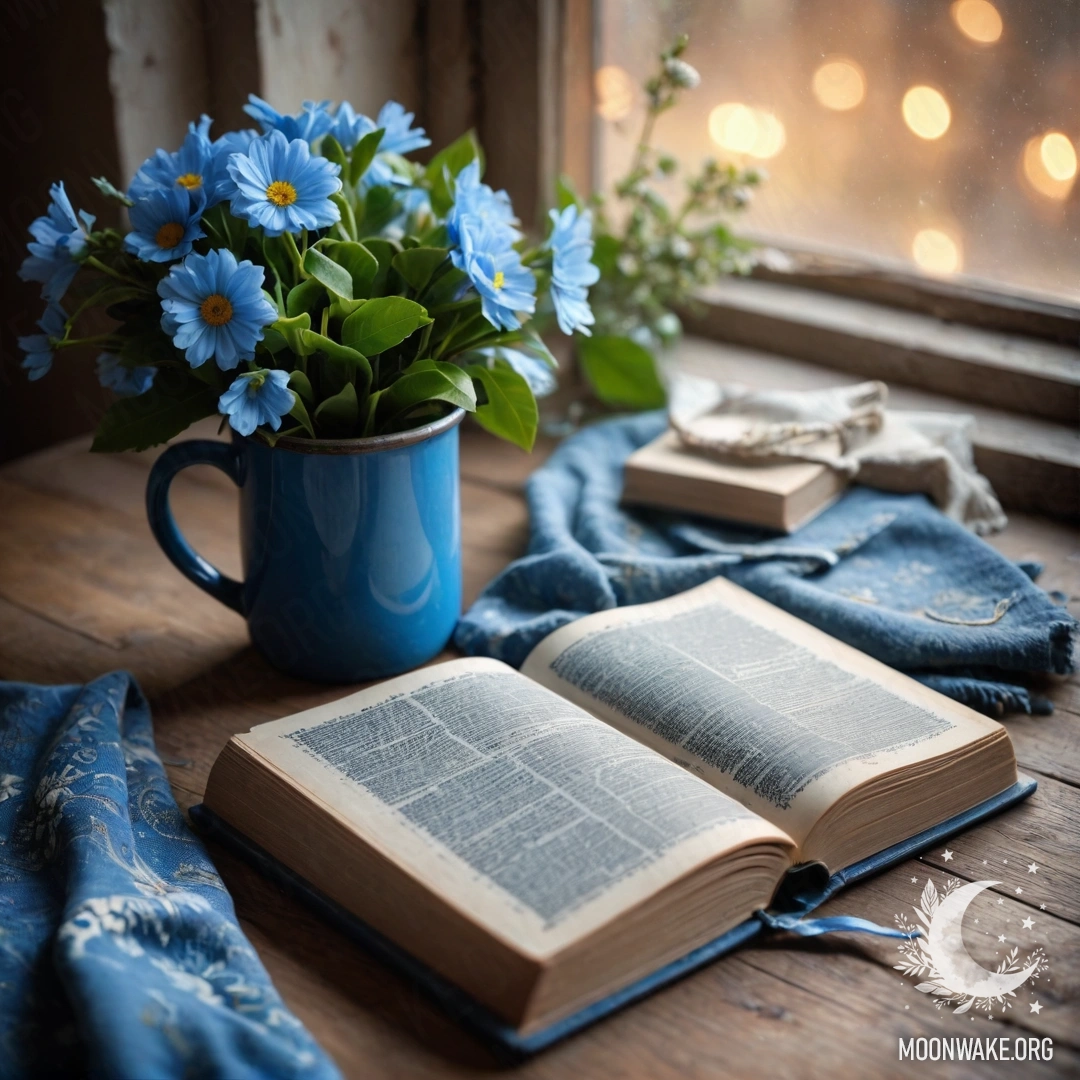 An old shabby blue book on a wooden windowsill with a blue metal mug containing flowers and a garland light.