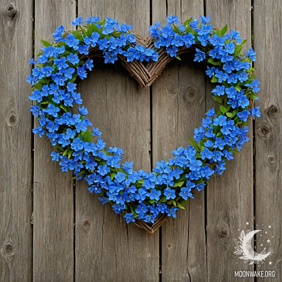 A close-up of an old wooden fence with a heart-shaped wreath of blue flowers hanging on it.
