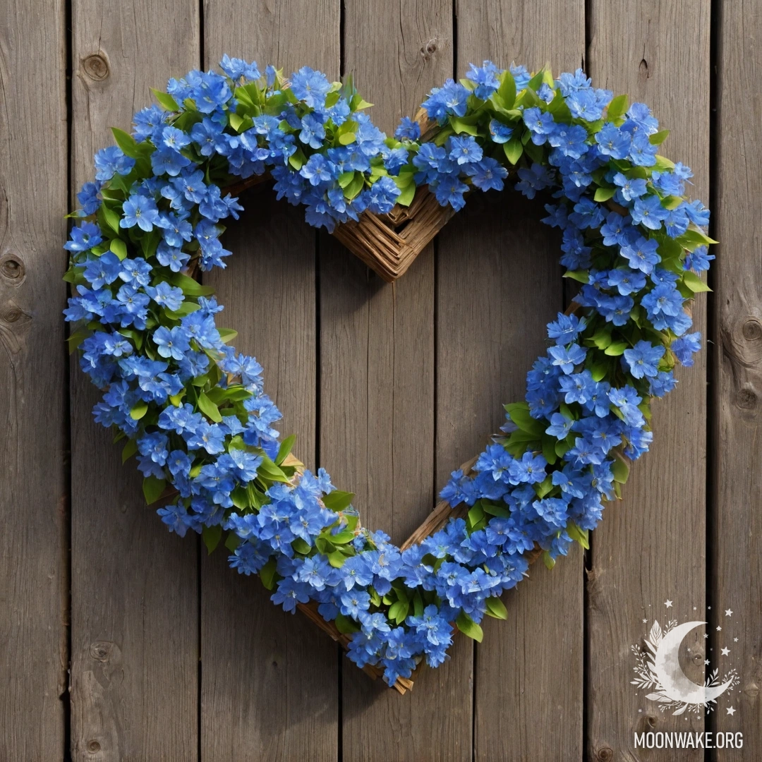Close-up of an old wooden fence adorned with a heart-shaped wreath of blue flowers.