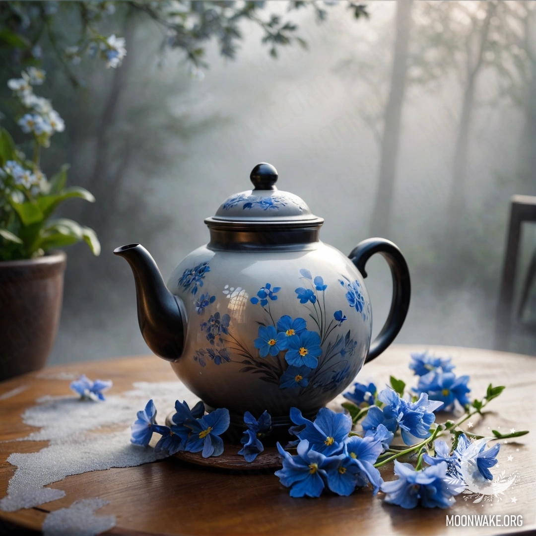 Blue Flowers in Porcelain Teapot A round wooden table with a porcelain teapot holding blue flowers, surrounded by dense mist.