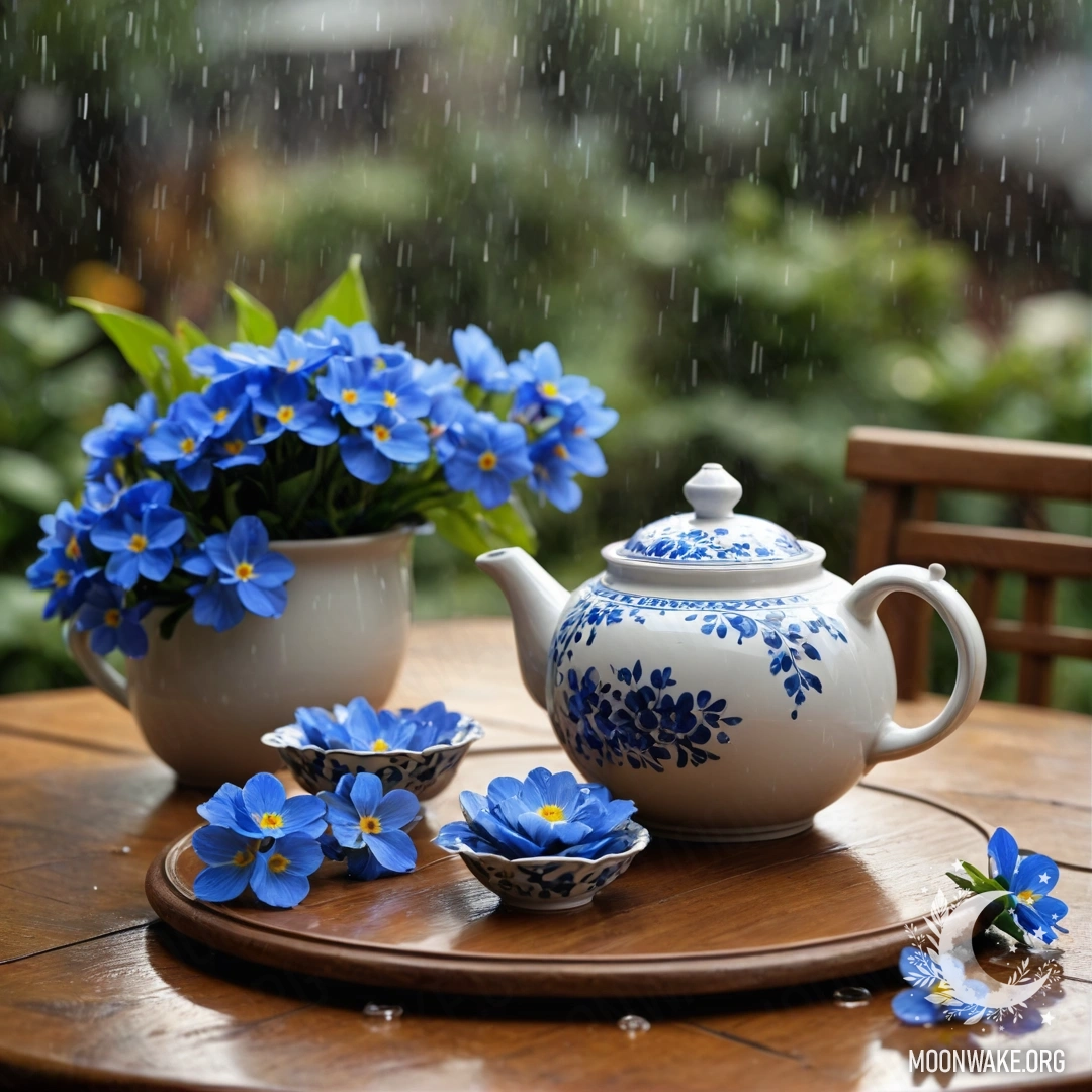 A round wooden table with a porcelain teapot containing blue flowers under rain.