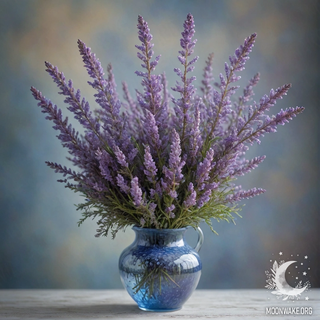 A vase containing blue heather surrounded by fog.