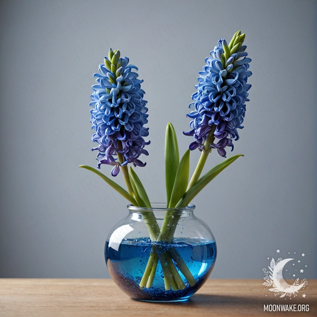 A blue hyacinth flower positioned elegantly in a simple vase.