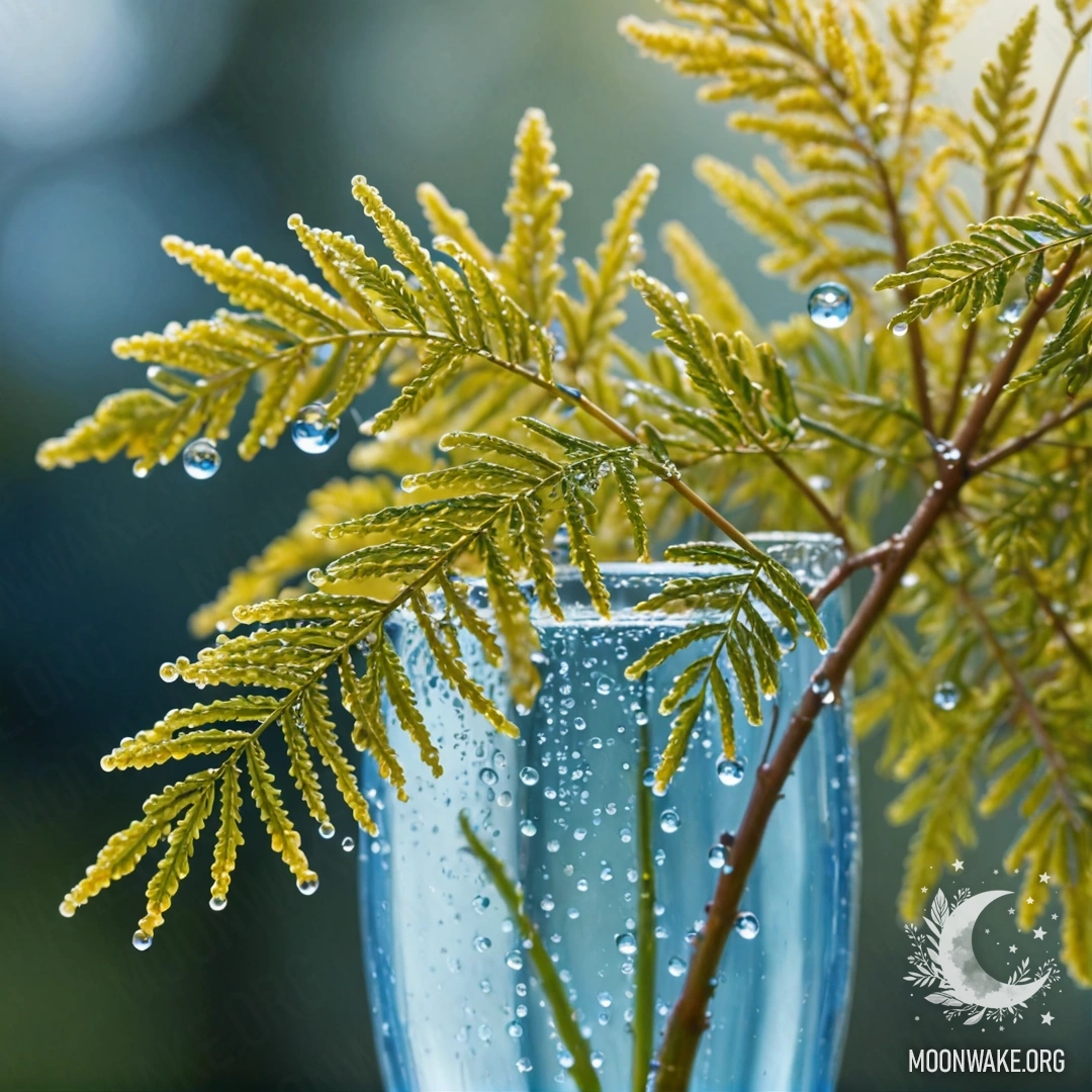 A blue mimosa with dew drops in a vase, illuminated by sunlight.
