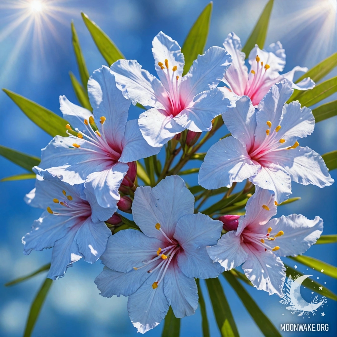 Blue Oleander in Impressionist Style A vibrant and artful impression of sweet oleander flowers colored blue, illuminated by sunny rays.