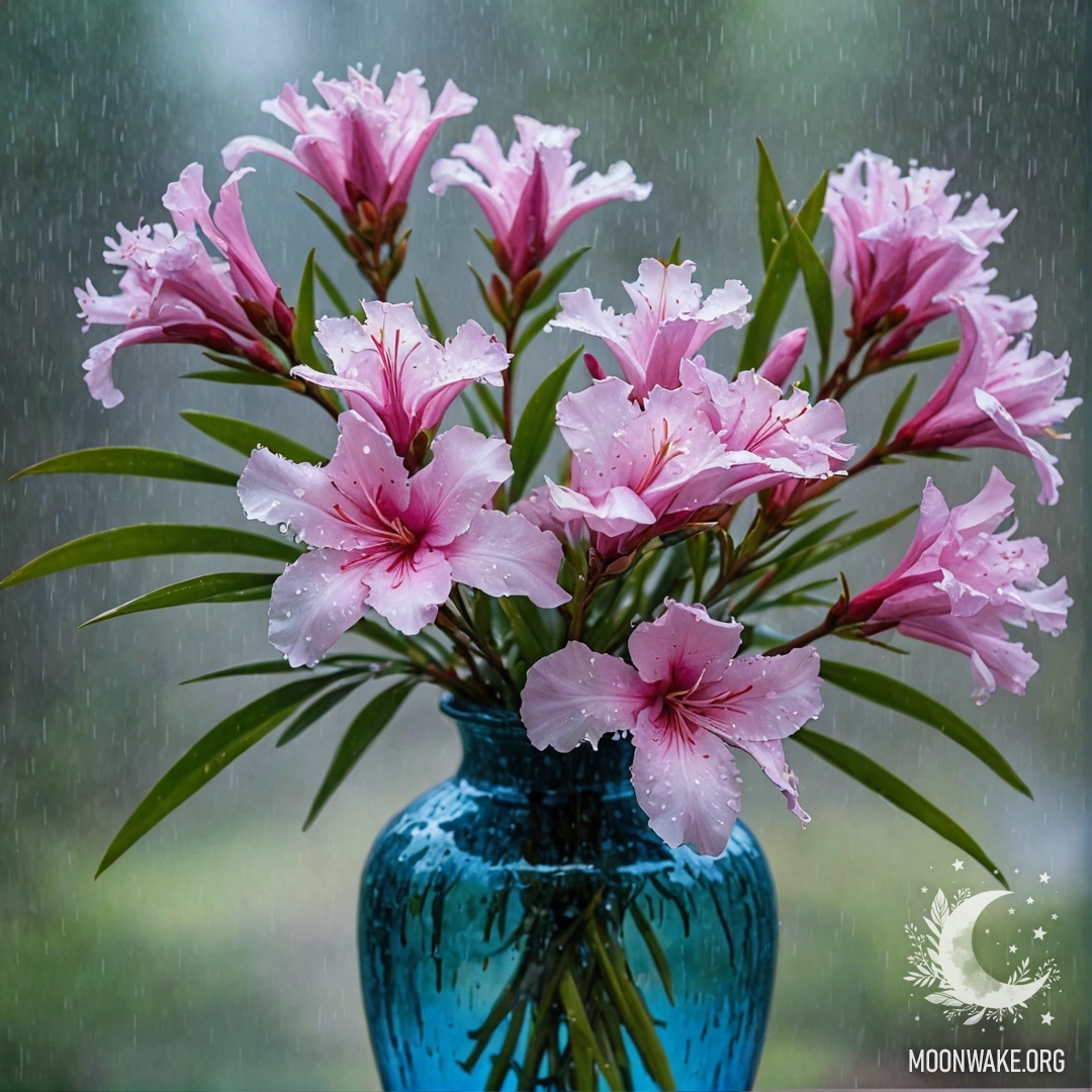 A blue oleander in a vase surrounded by mist and rain.