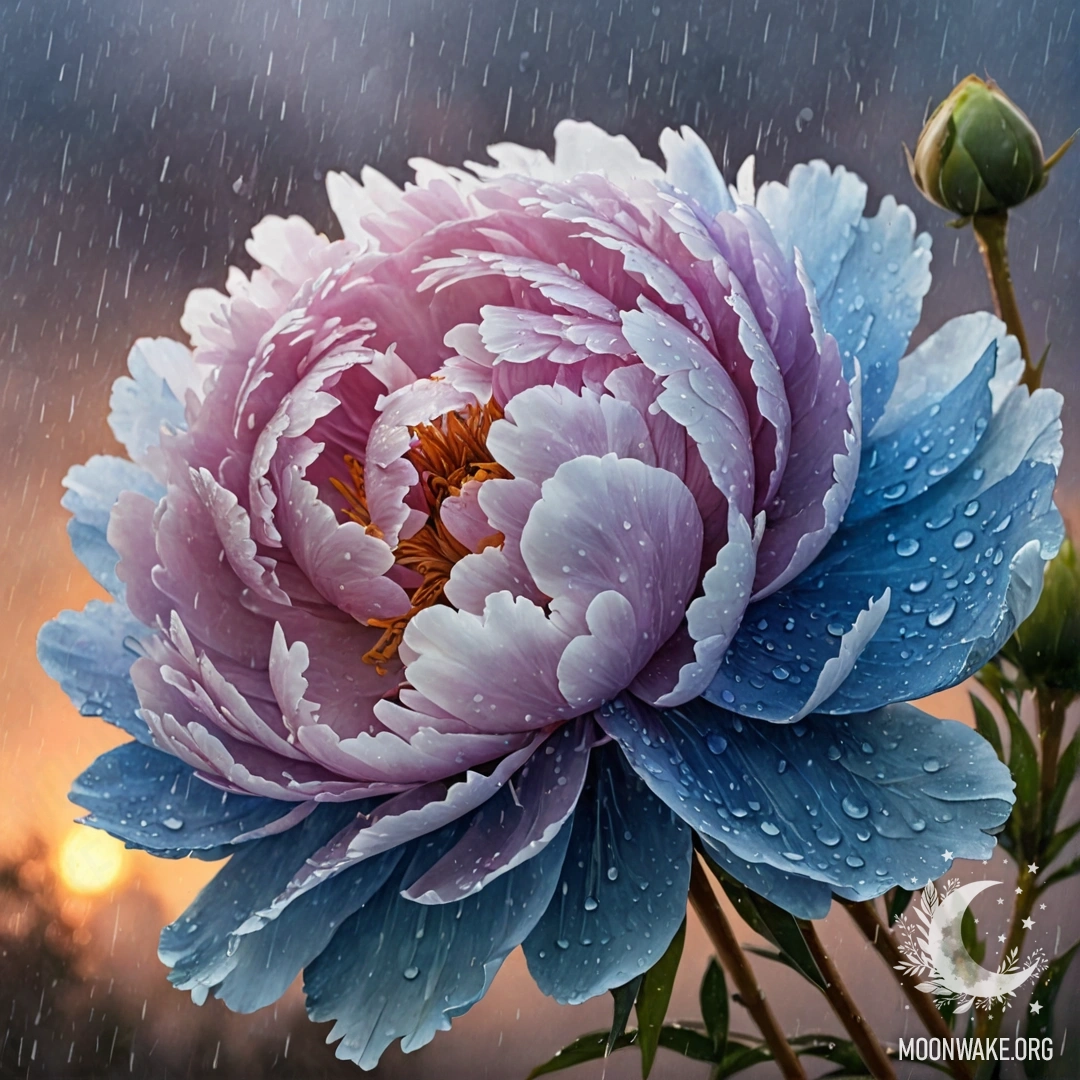 A bouquet of blue peonies resting under gentle rain during sunset.