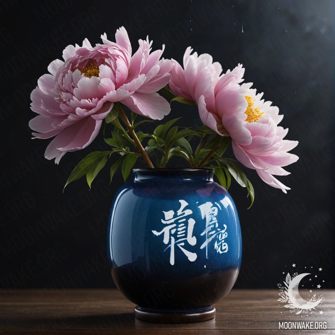 A blue peony in a vase, surrounded by rain at night.