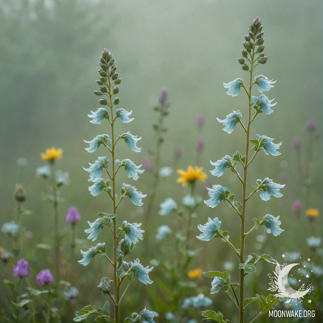 A serene scene of blue phlox flowering in a misty environment illuminated by sunlight.