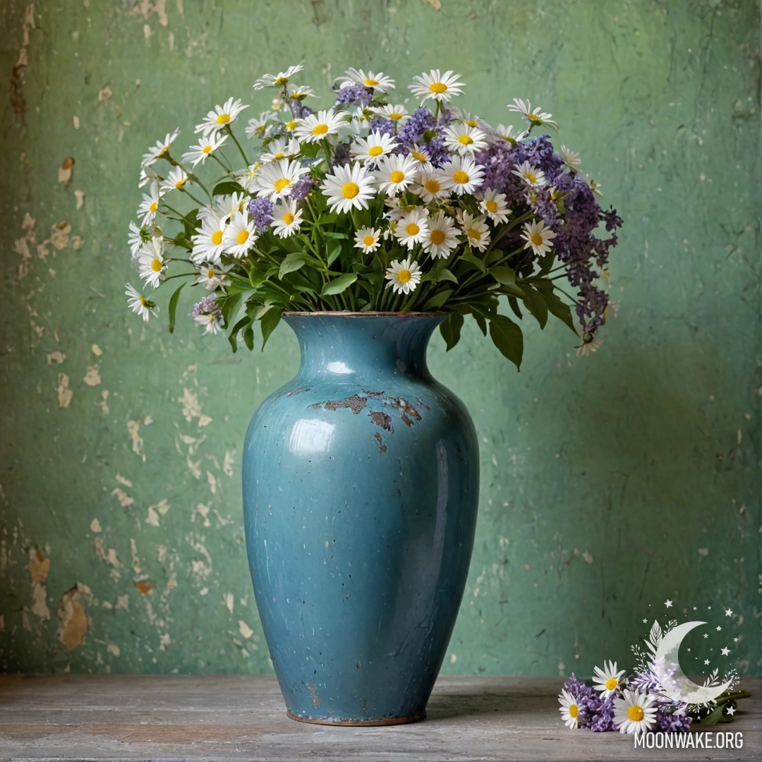 Blue Shabby Vase with Daisies and Lilacs A shabby blue metal vase filled with daisies and lilacs against a textured greenish wall.