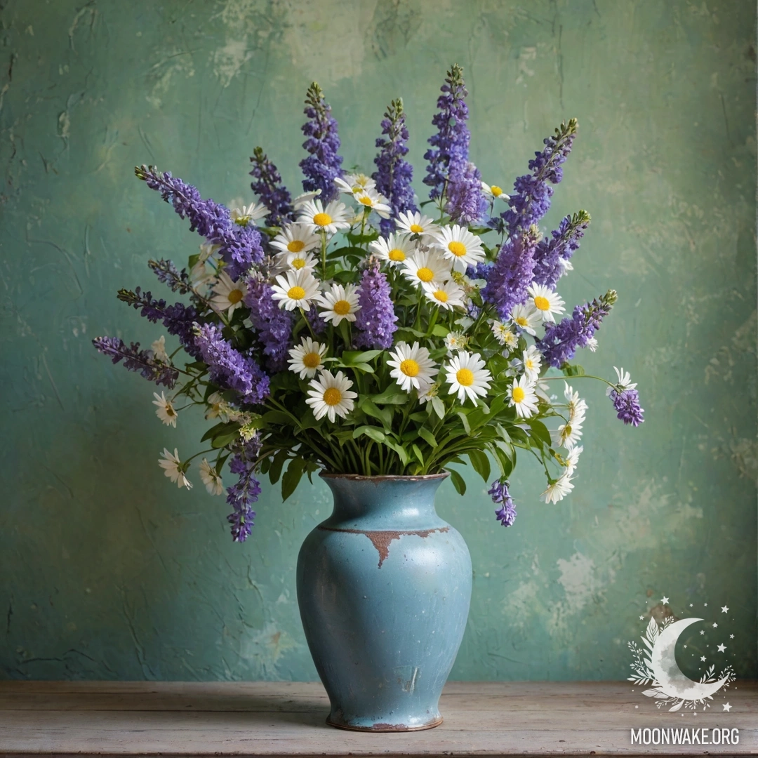 Blue Vase with Daisies Against Green Wall A shabby blue metal vase filled with daisies and lilacs against a greenish wall, captured through a lens.