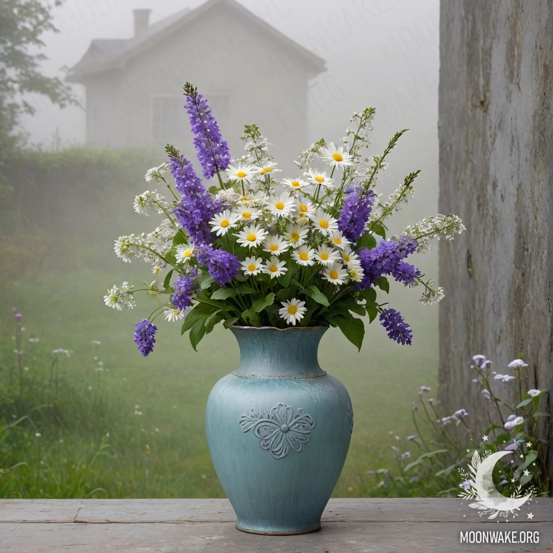 A shabby blue metal vase filled with daisies and lilacs against a misty green wall.