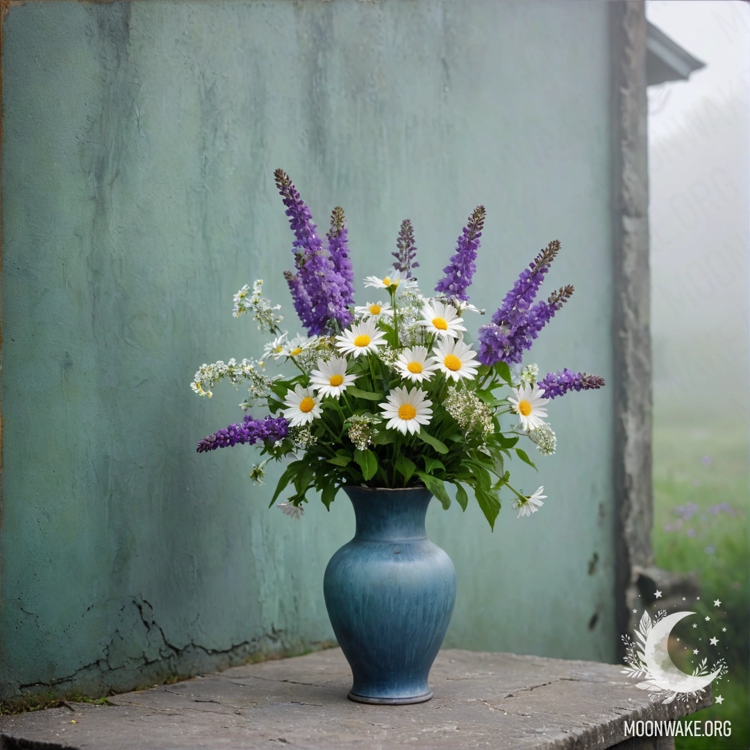 Blue Vase with Daisies and Lilacs A shabby blue metal vase containing daisies and lilacs against a foggy green wall.