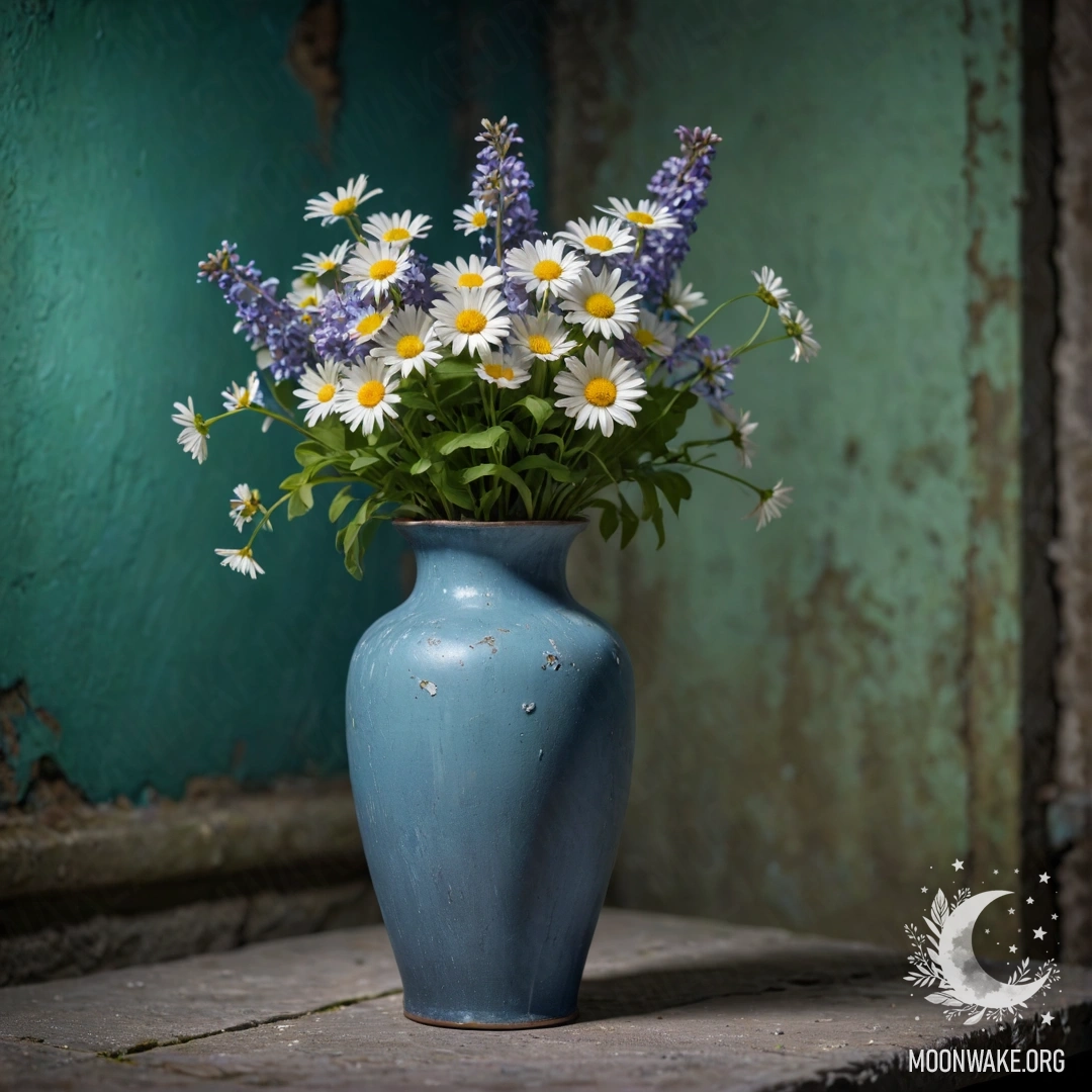 A shabby blue metal vase with daisies and lilacs against a greenish wall.