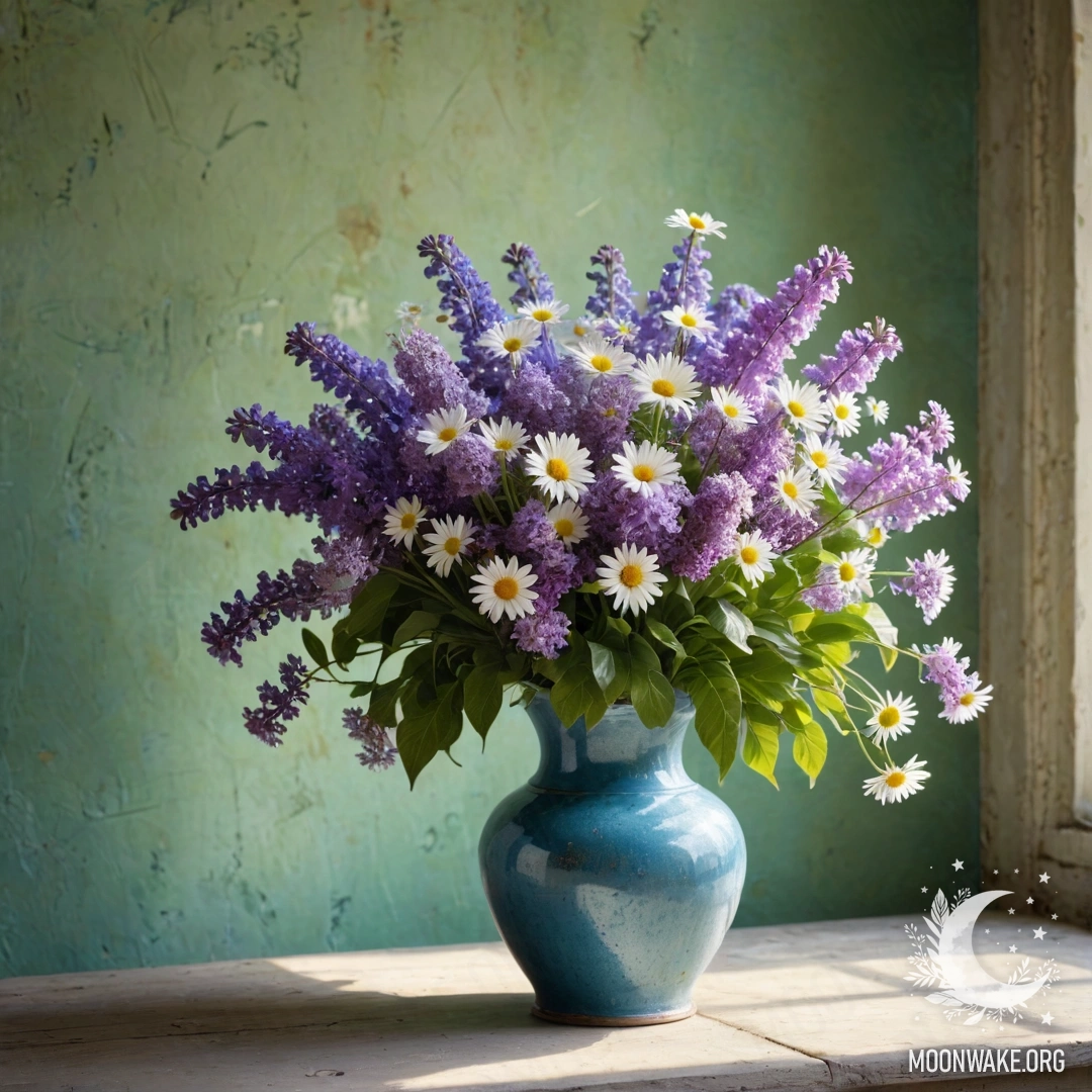 A shabby blue metal vase filled with daisies and lilacs in front of a greenish wall with sun rays illuminating the scene.