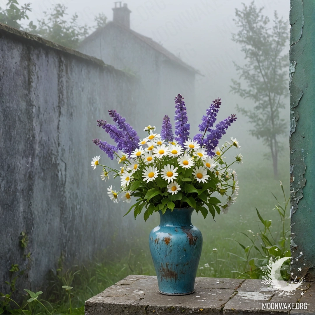 A shabby blue metal vase filled with daisies and lilacs against a foggy green wall.