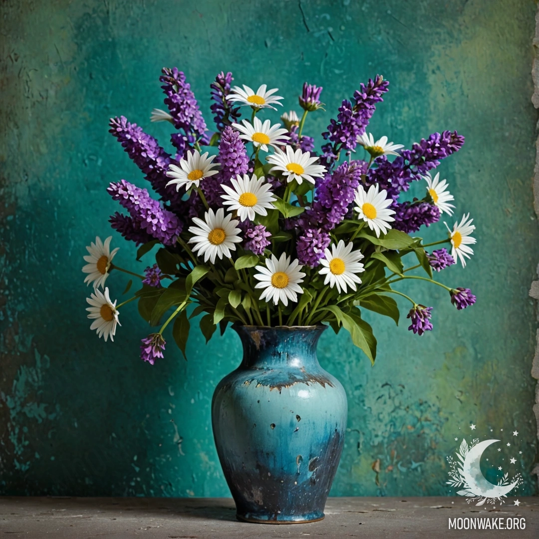 Blue Vase with Daisies and Lilacs Against Green Wall A shabby blue metal vase holding daisies and lilacs against a green wall at night.