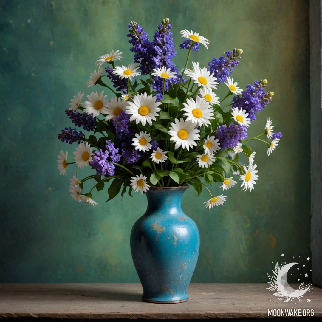 A shabby blue metal vase filled with white daisies and purple lilacs against a greenish wall at nighttime.