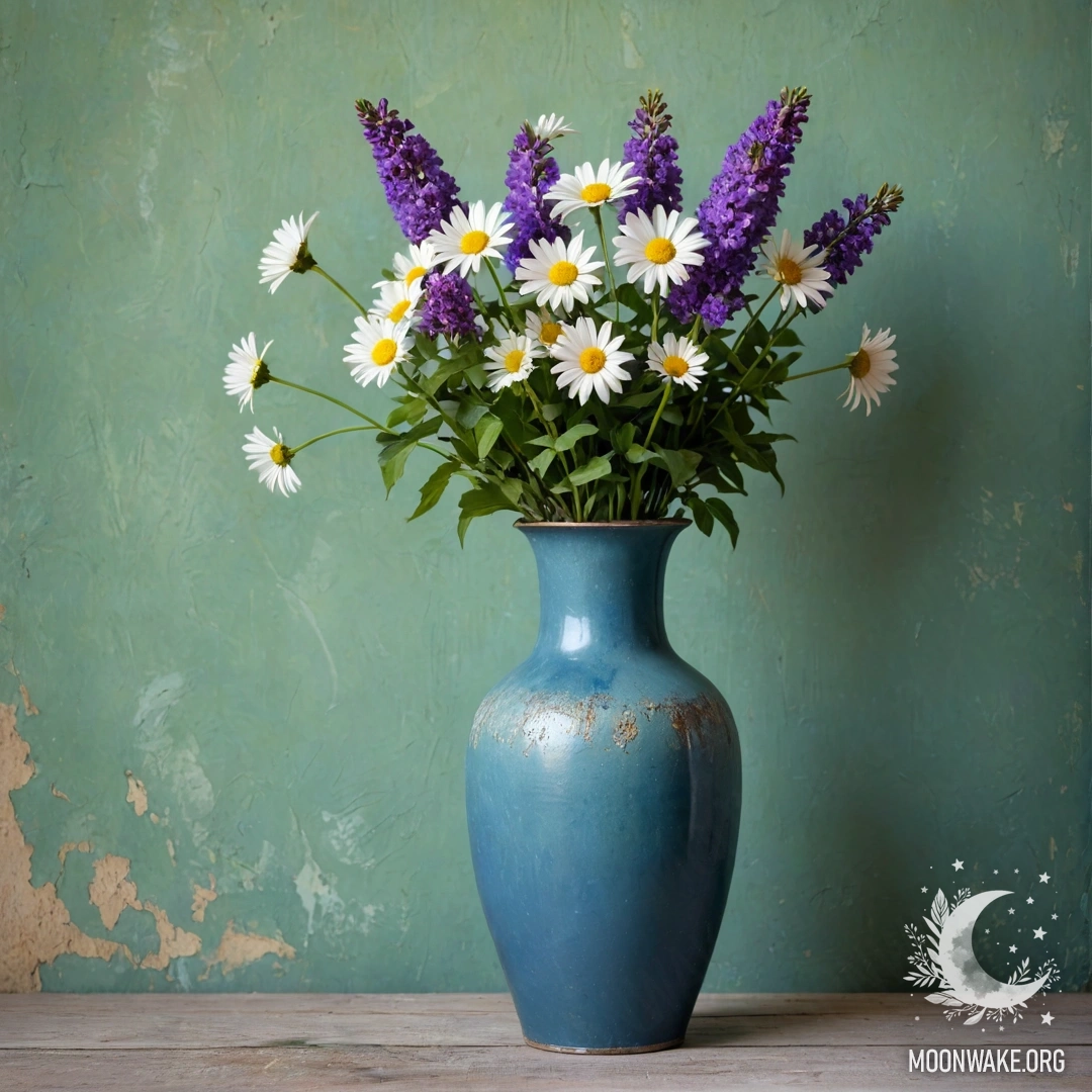 A shabby blue metal vase filled with daisies and lilacs against a worn green wall during sunset.