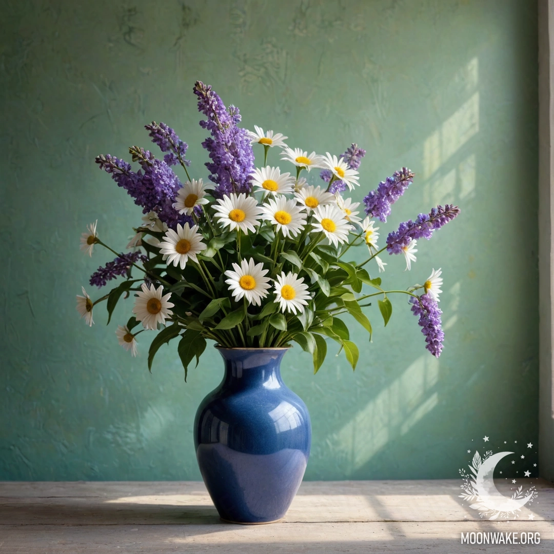 Blue Vase with Daisies and Lilacs A shabby blue vase with daisies and lilacs on a greenish wall with sun rays.