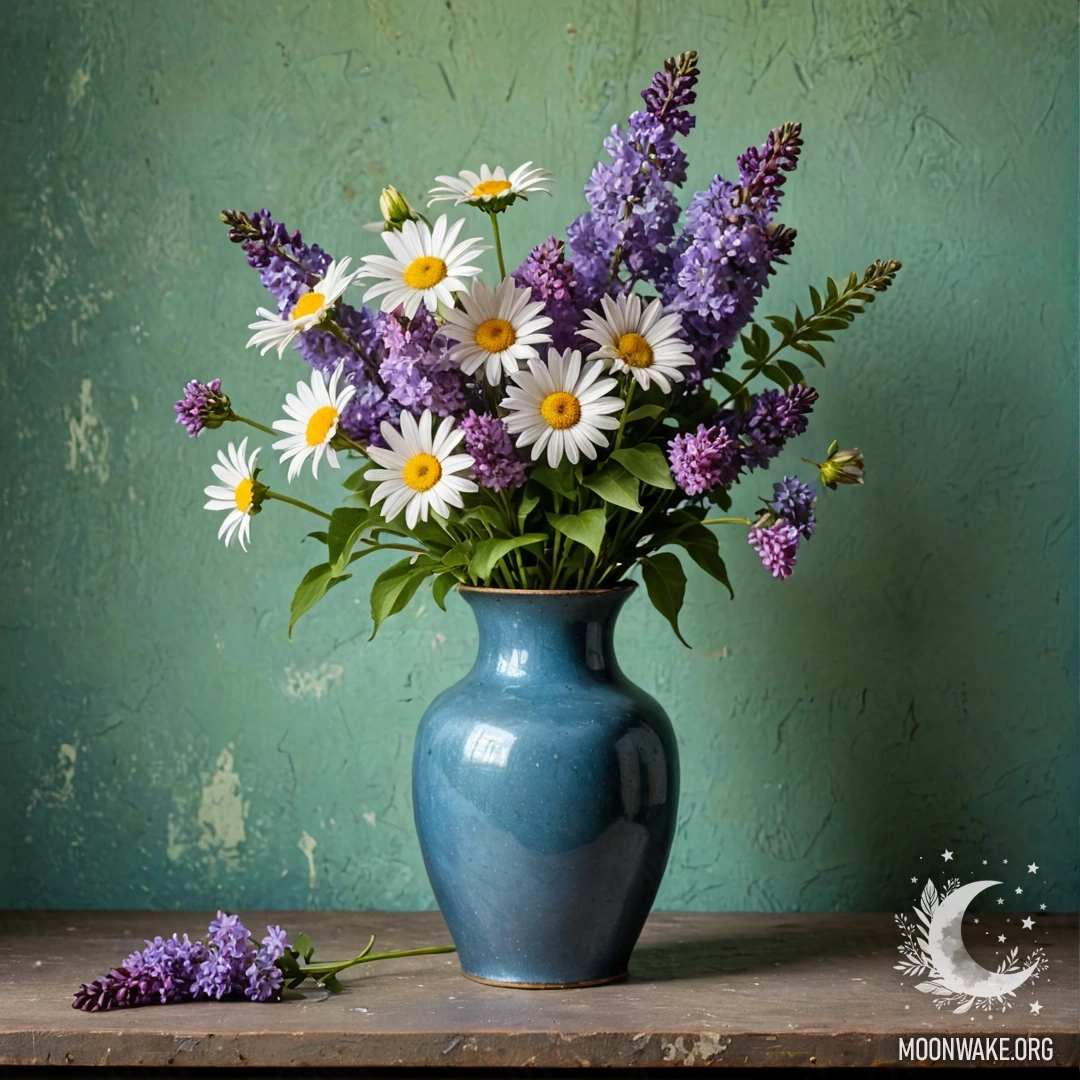 A shabby blue metal vase filled with daisies and lilacs against a greenish wall during sunset.