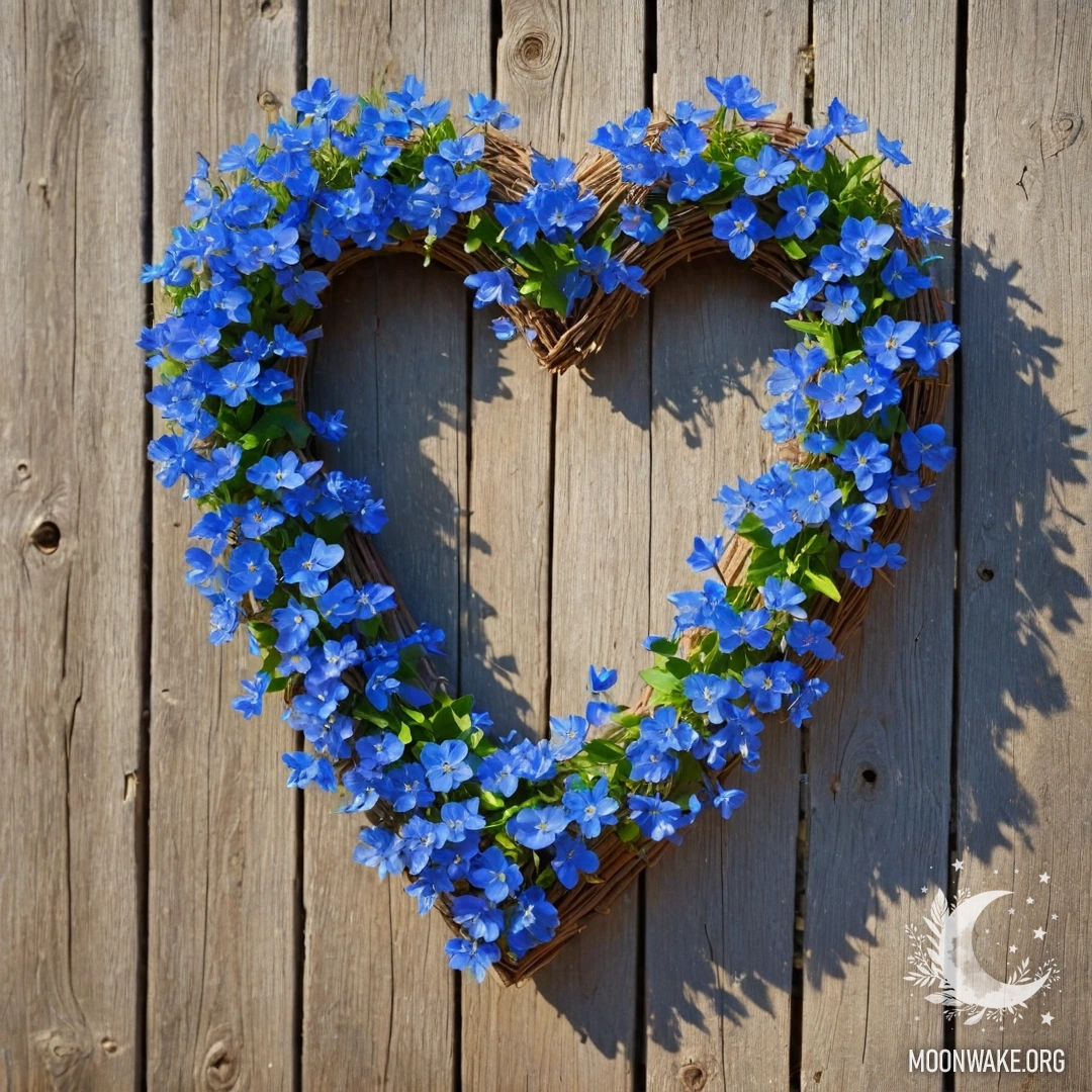 A shabby blue metal vase with daisies and lilacs on a green wall illuminated by sun rays.
