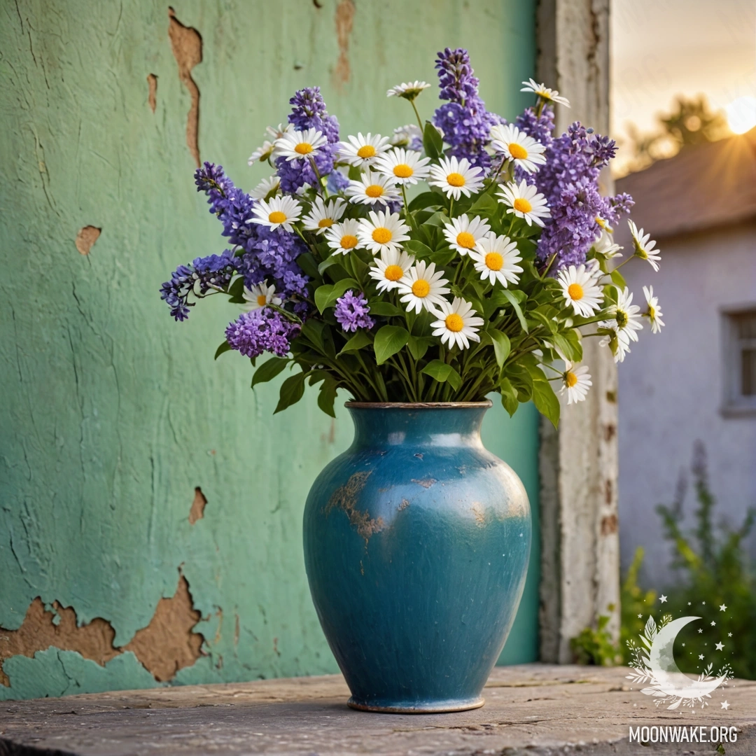 Charming Blue Vase with Flowers A shabby blue metal vase filled with daisies and lilacs against a greenish wall at sunset.