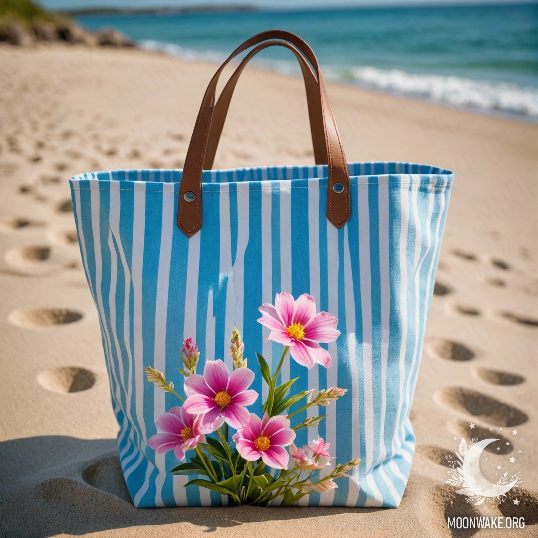 A white and blue striped fabric bag filled with pink flowers on a sunny sandy beach with the blue sea and sky in the background.