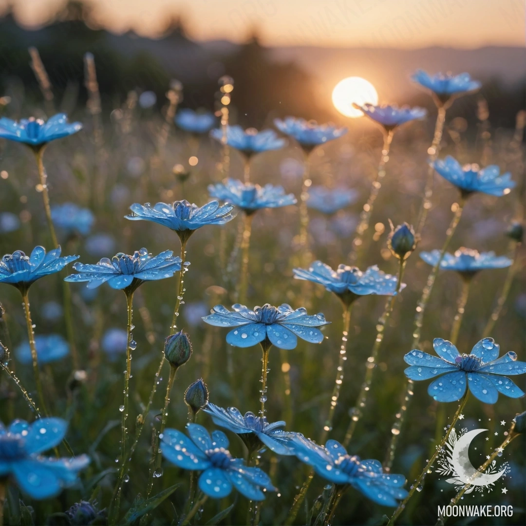 A serene scene of blue wildflowers with dew drops at sunset, embellished with rhinestones.