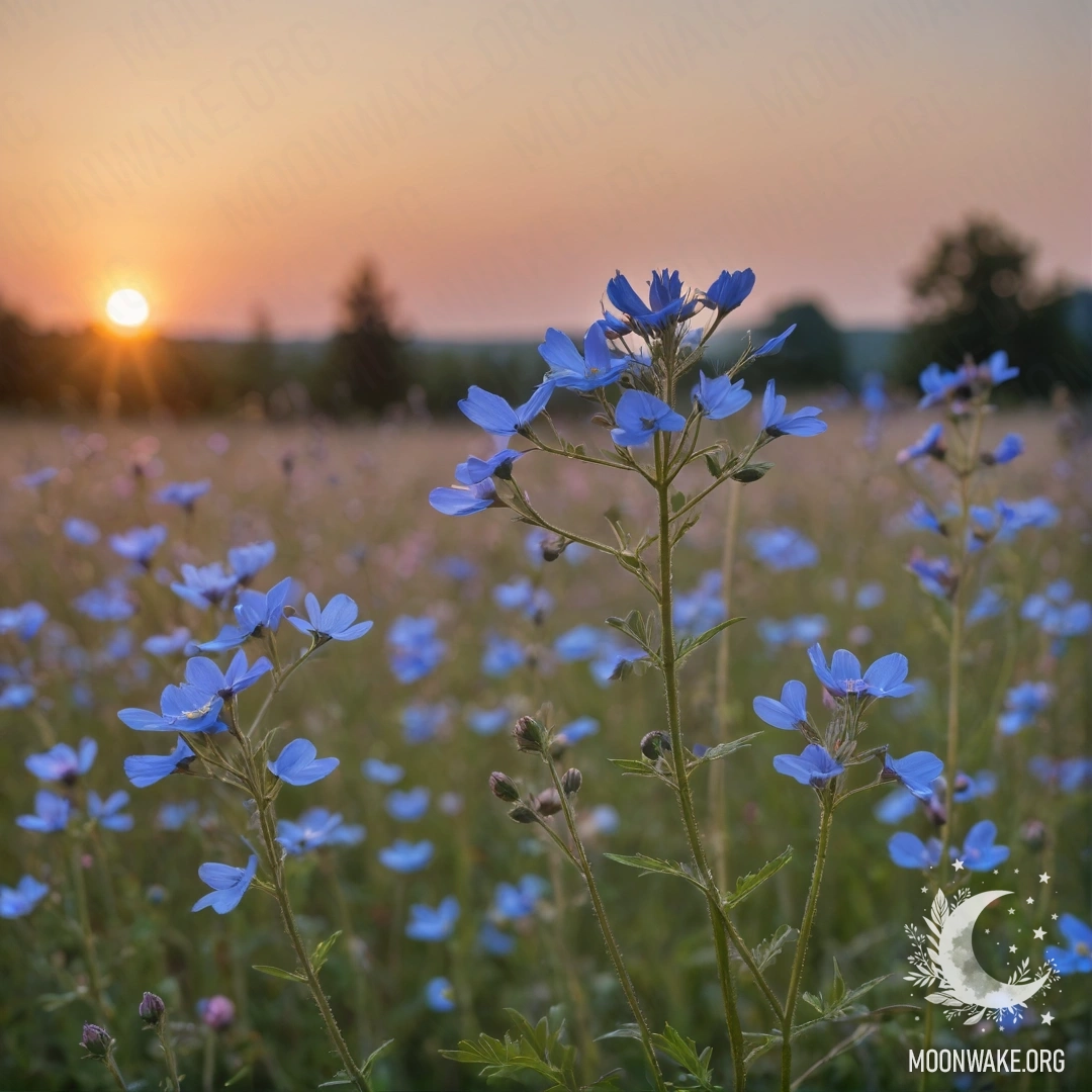 A photograph of beautiful blue wildflowers with a sunset background.
