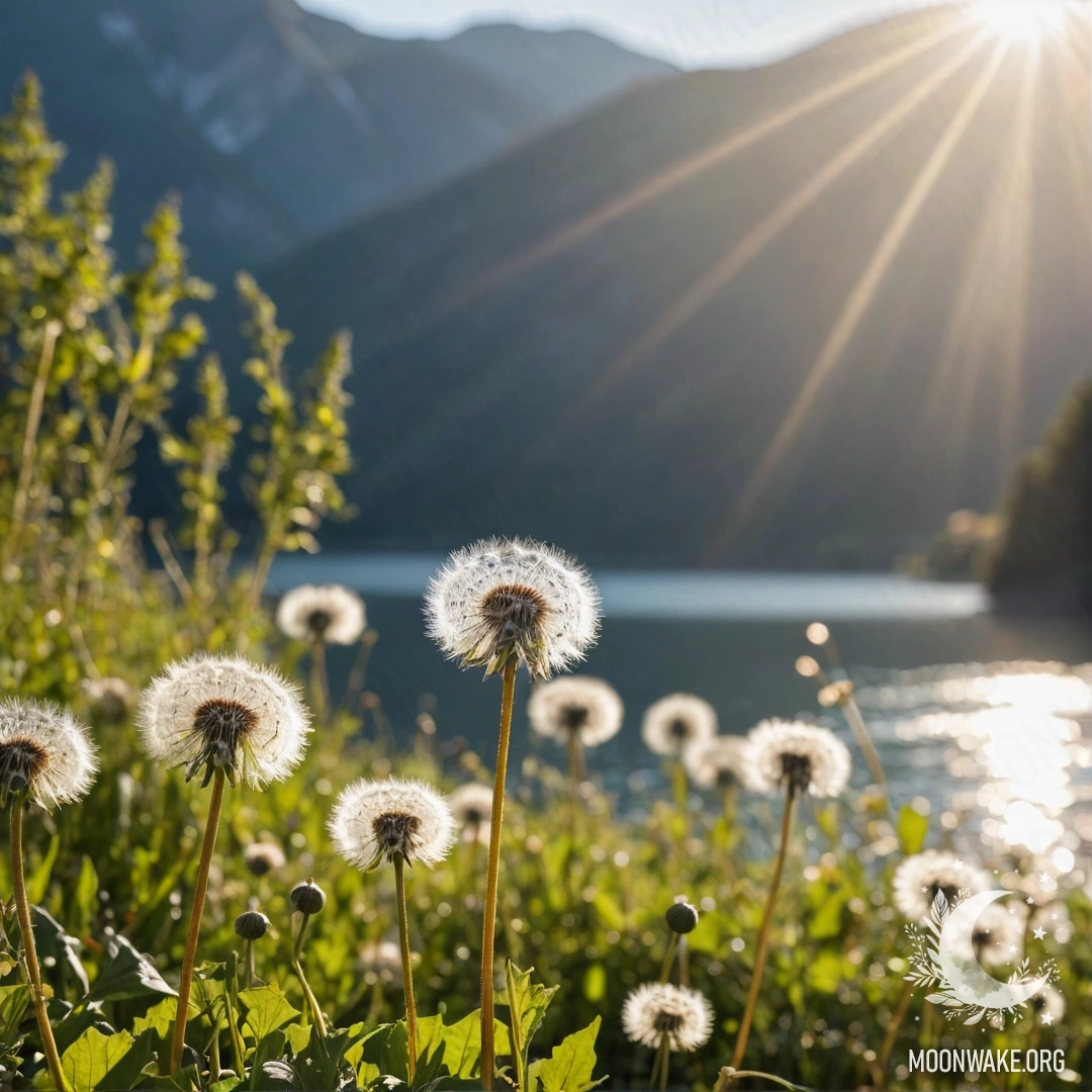 Close-up of dandelions in a field with a blurred mountain lake and sun rays.