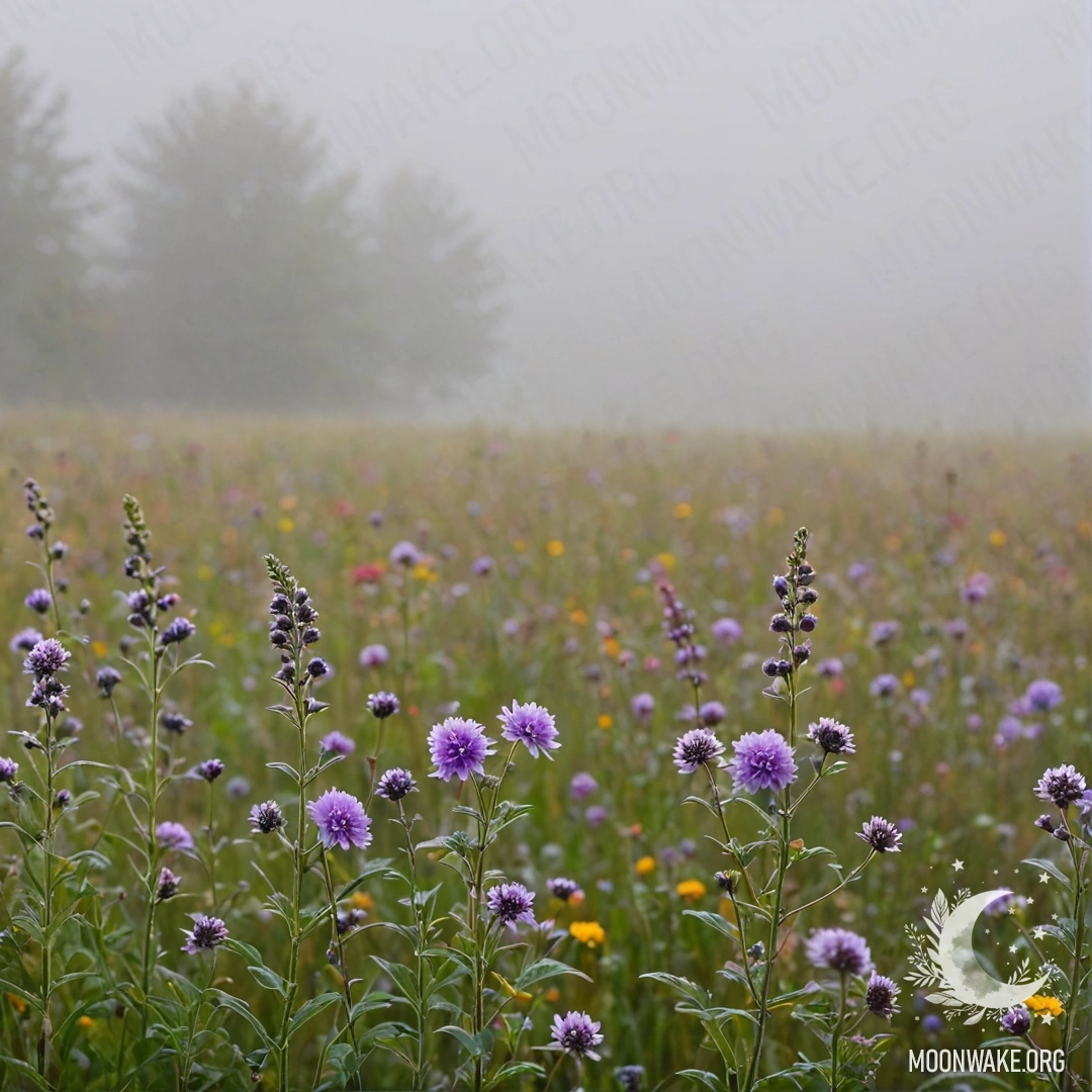 Close-up of beautiful field flowers surrounded by dense mist.