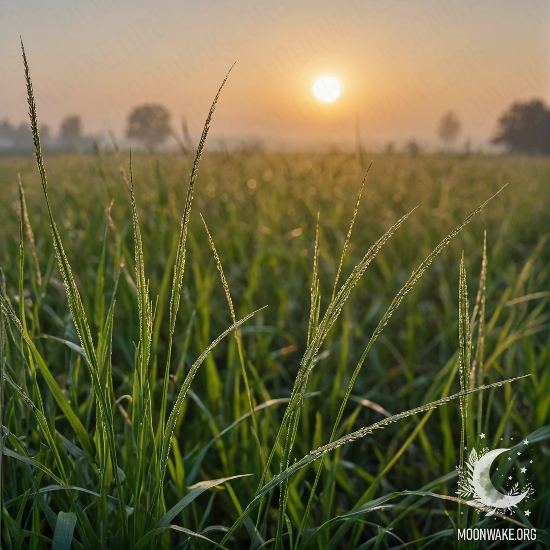 Close-up of grass in a foggy field during sunset with bokeh effect.