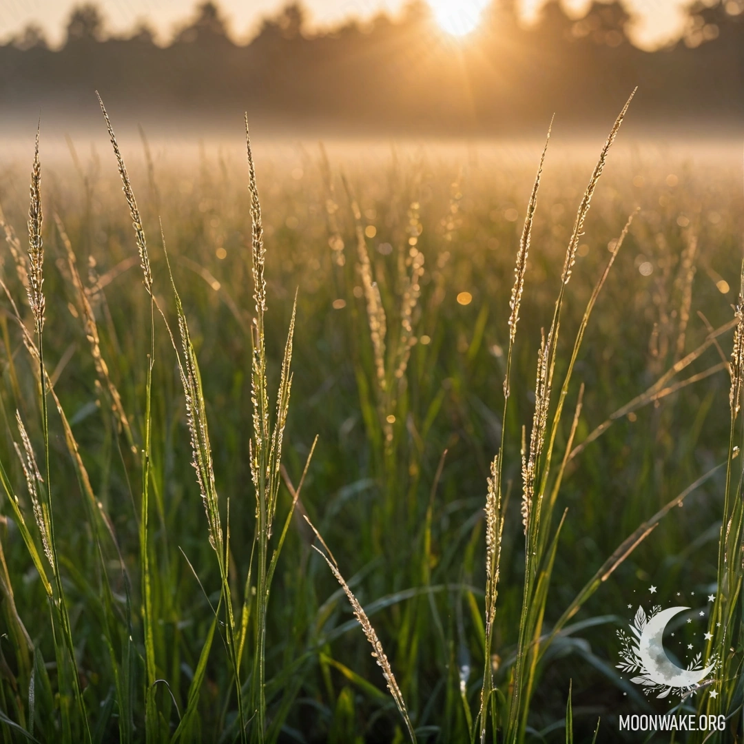 Close-up of beautiful grass in a foggy field during sunset with lens flares.