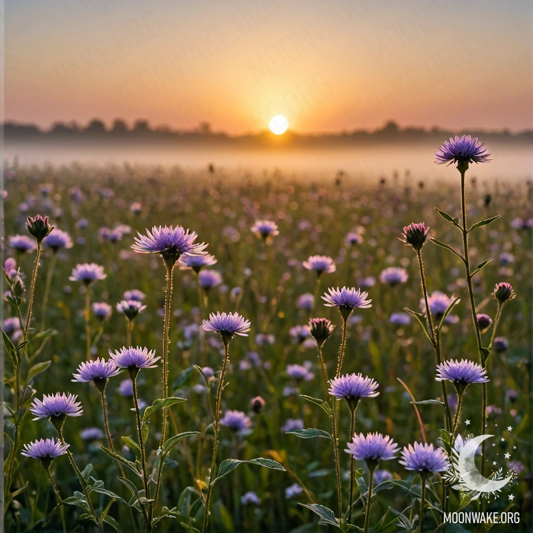 Bokeh Sunrise Over Field Flowers Close-up of beautiful field flowers with a bokeh background and fog during sunset.