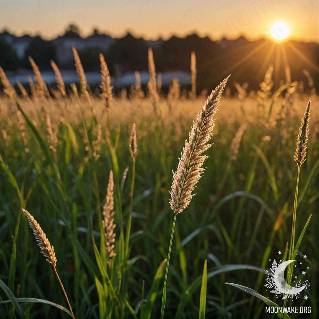 Close-up view of grass in a field during sunset with bokeh effect.