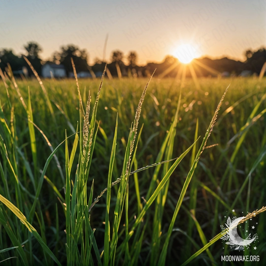 Close-up view of grass in a field against a sunset bokeh background.