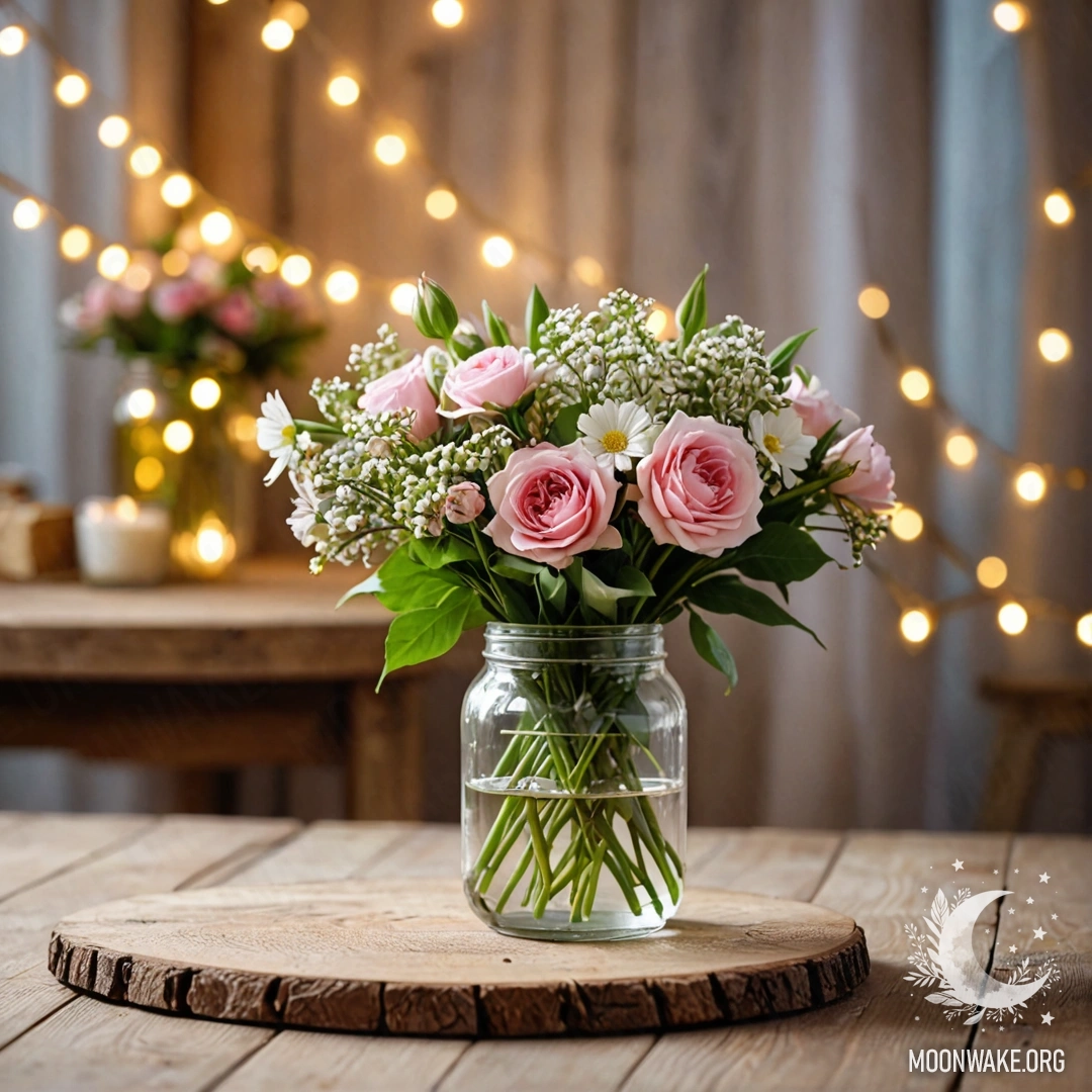 A shabby wooden table adorned with a jar filled with flowers, with a bokeh effect of a light garland in the background.