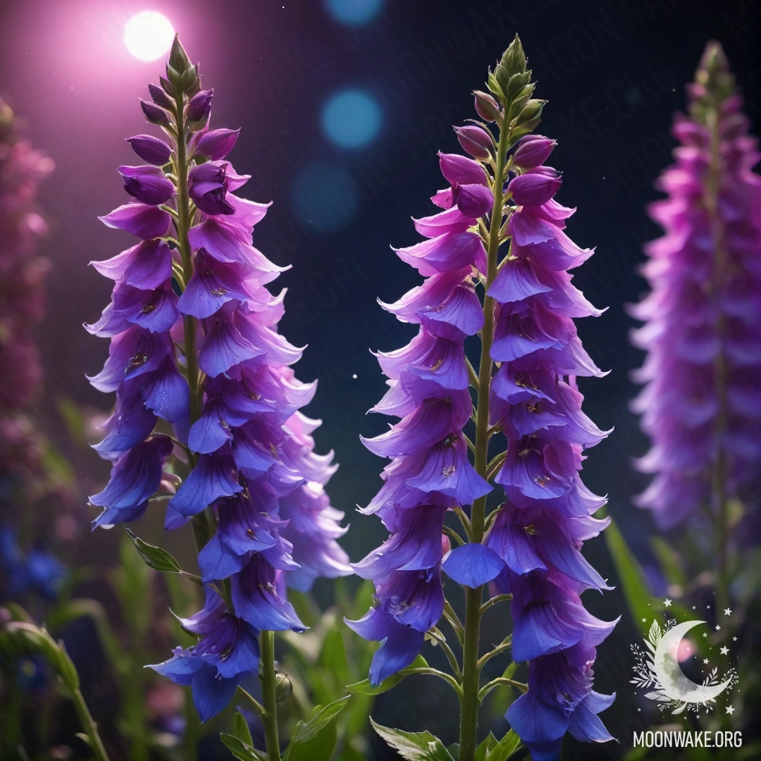 A bouquet of fuchsia delphinium flowers shrouded in mist at night.