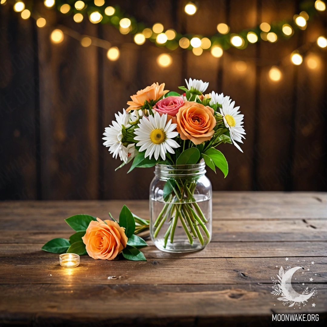 A bouquet of flowers in a jar on a shabby wooden table, with a bokeh light garland in the background at night.
